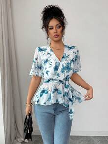 SHEIN Raffinéa Women's Fashion Printed V-Neck Ruffle Hem Cinched Waist Chiffon Blouse - Blue - View 1