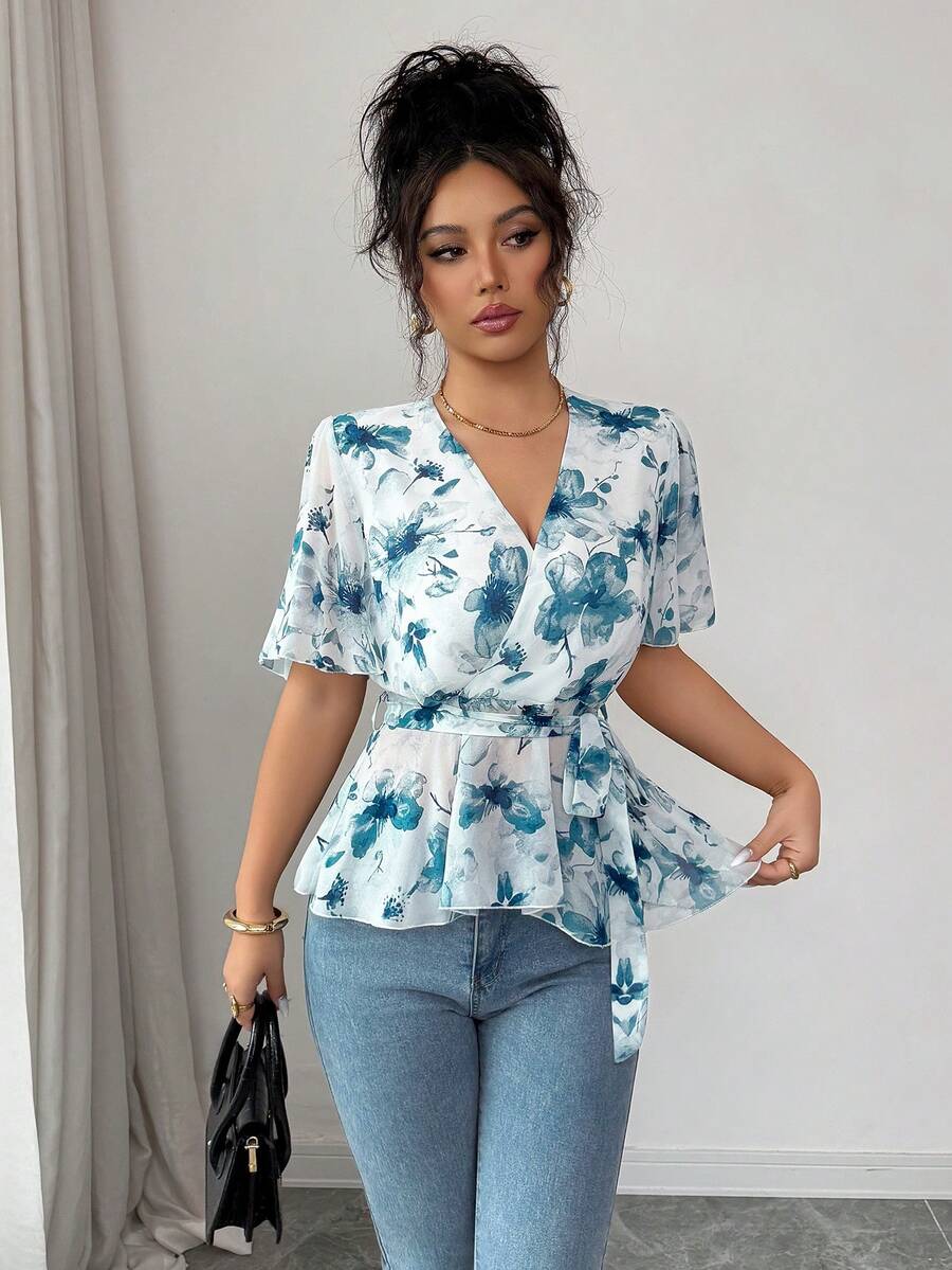 SHEIN Raffinéa Women's Fashion Printed V-Neck Ruffle Hem Cinched Waist Chiffon Blouse - Blue - View 1