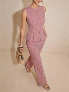 Poéselle Red Gingham Plaid Two Piece Set, Sleeveless Peplum Top And High Waist Flared Pants, Elegant Matching Suit Spring Summer Outfit For Women,Women's Summer Fashion Plaid Camisole & Pants 2 Pieces Set,French-Style 2 Pieces Set,2026 New Arrival - Multicolor - View 4