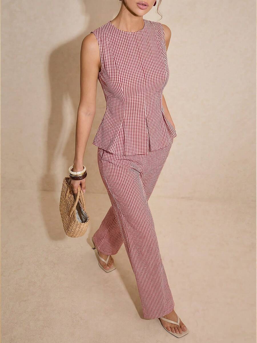 Poéselle 女士夏季时尚格子吊带背心和裤子两件套