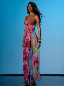 MUSERA 吊带V领镂空花朵装饰开衩印花雪纺长裙，夏季性感外出海滩度假伊比沙岛俱乐部热带风情 - 彩色 - 查看 1