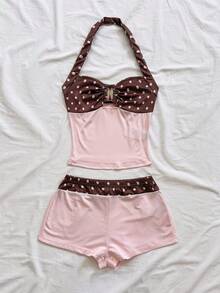Conjunto Casual de 2 Piezas para Mujer : Top Halter con Volantes a Rayas y Pantalones Cortos - Multicolor 4 - Ver 4
