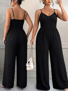 Elenzga Plus Size Women Solid Color Wide Leg Loose Casual Jumpsuit - Black - View 1