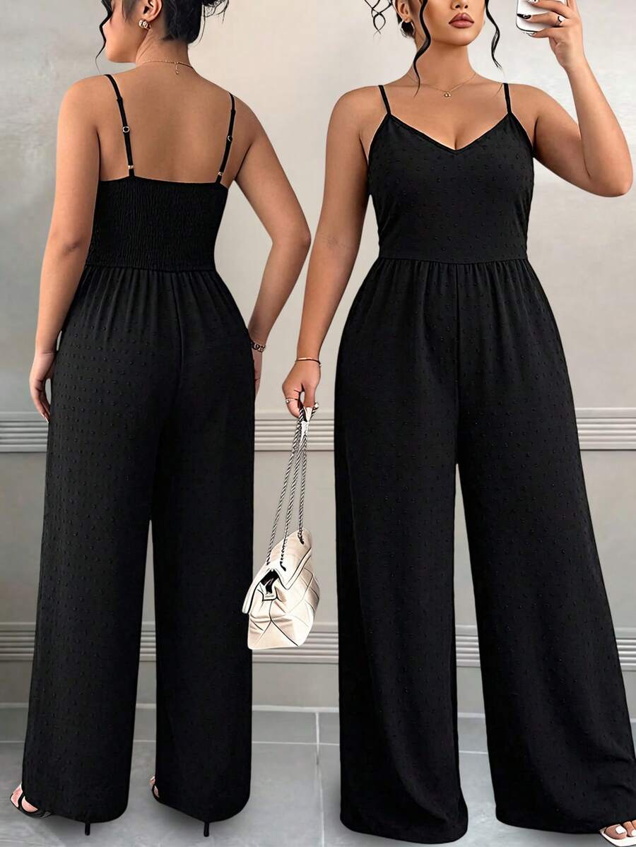 Elenzga Plus Size Women Solid Color Wide Leg Loose Casual Jumpsuit - Black - View 1