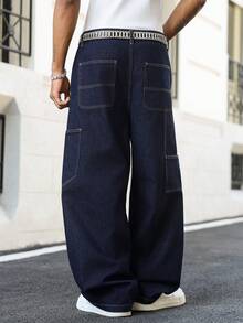 Manfinity Roghcode Men's Casual Street Style Multi-Pocket Flared Leg Blue Jeans - Dark Wash - View 3