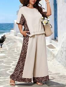 EMERY ROSE Große Größen Leopardenmuster Patchwork Leinen-ähnliche Textur asymmetrischer Saum Hemd & lockere Hose 2-teiliges Set, Beige, Sommer, Boho, Strand, Urlaub Lässig - Verschiedenfarbig - Übersicht 4