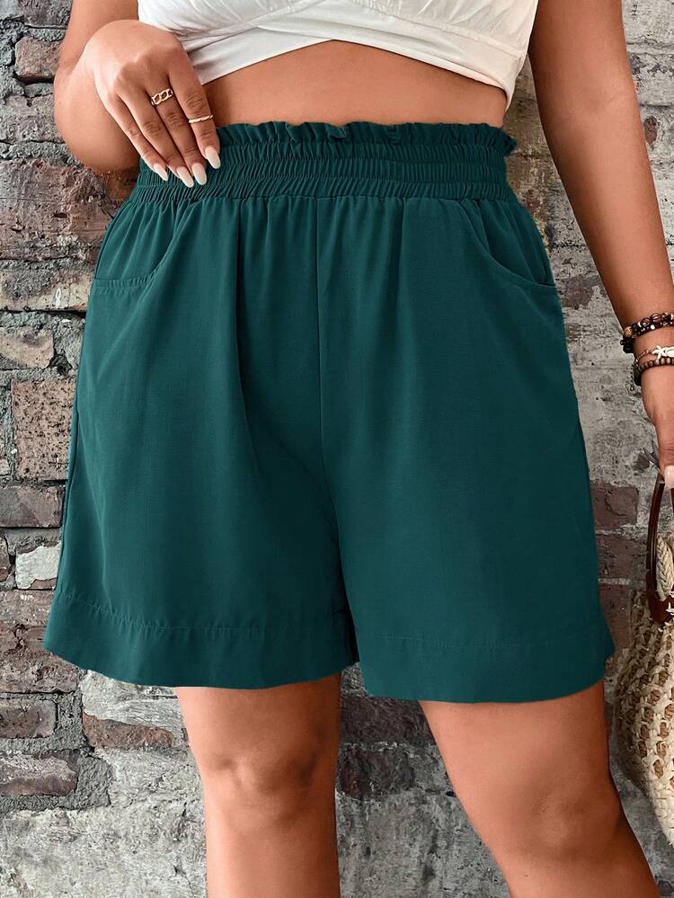 Quần short nữ cỡ lớn, màu trơn, có bèo nhún ở eo và túi, kiểu dáng thường ngày. - màu xanh lá - Xem 5