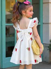Elladie kids Ruffle Strap Cherry Puff A-Line Dress. Featuring Ruffle Trim Shoulder Straps, A 3D Bow At The Back, And A Puff A-Line Silhouette That Ensures Freedom Of Movement While Maintaining An Elegant Look. Suitable For Outings, Friend Gatherings, And Family Celebrations, Making Your Little One The Center Of Attention. - Apricot - View 1