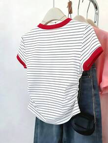 Franclia Áo thun nữ cổ tròn tay ngắn xếp ly in chữ và sọc - Nhiều màu - Xem 2