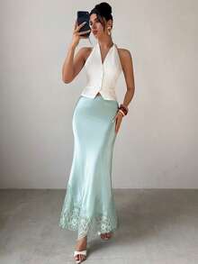Firerie Summer Elegant Party Light Green High Waist Lace Patchwork Skirt For Women, Exquisite Minimalist Fashion Versatile Commuter Daily Date Skirt - Mint Green - View 4
