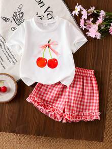 SHEIN Genkimix Kids 2件套少女品牌T恤套装，韩版宽松可爱露脐两件套，夏季 - 白色 - 查看 6