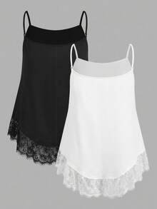 SHEIN EZwear 大码女装两件套纯色撞色蕾丝吊带背心套装，蕾丝吊带背心，优雅上衣，吊带背心，女士无袖上衣，大码吊带背心，女士细肩带上衣，女士吊带背心，夏季女装上衣 - 黑與白 - 查看 2