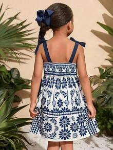 Travachic KIDS Young Girl Ditsy Floral Pleated Camisole Dress Girls Dress Vacation Style Blue And White Dress For Girls Girl Summer Dresses Blue Dress Blue Floral Jacquard Little Girls Dress - Navy Blue - View 2