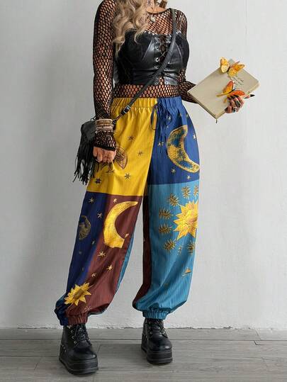 SHEIN Whyspr 大码深色拼接印花宽松裤