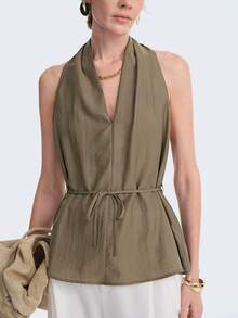 Aalyst 女士橄榄绿亚麻V领褶皱领腰带宽松无袖衬衫，优雅法式浪漫复古办公通勤商务休闲海滩度假简约百搭衬衫，春夏新款 - 軍綠色 - 查看 3