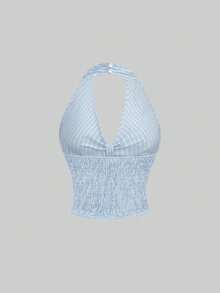 Sweetra Casual Striped Halter Twist Back Sexy Cropped Shirt For Women, Spring/Summer - Baby Blue - View 2