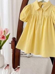 SHEIN LMoss Kids 女婴可爱绿色短袖翻领连衣裙，夏季 - 黃色 - 查看 6
