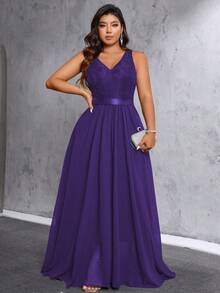Maweii 大码V领无袖纯色简约腰部褶皱优雅连衣裙，圣诞节女士长款服装紫色正式连衣裙优雅女装 - 紫色 - 查看 1