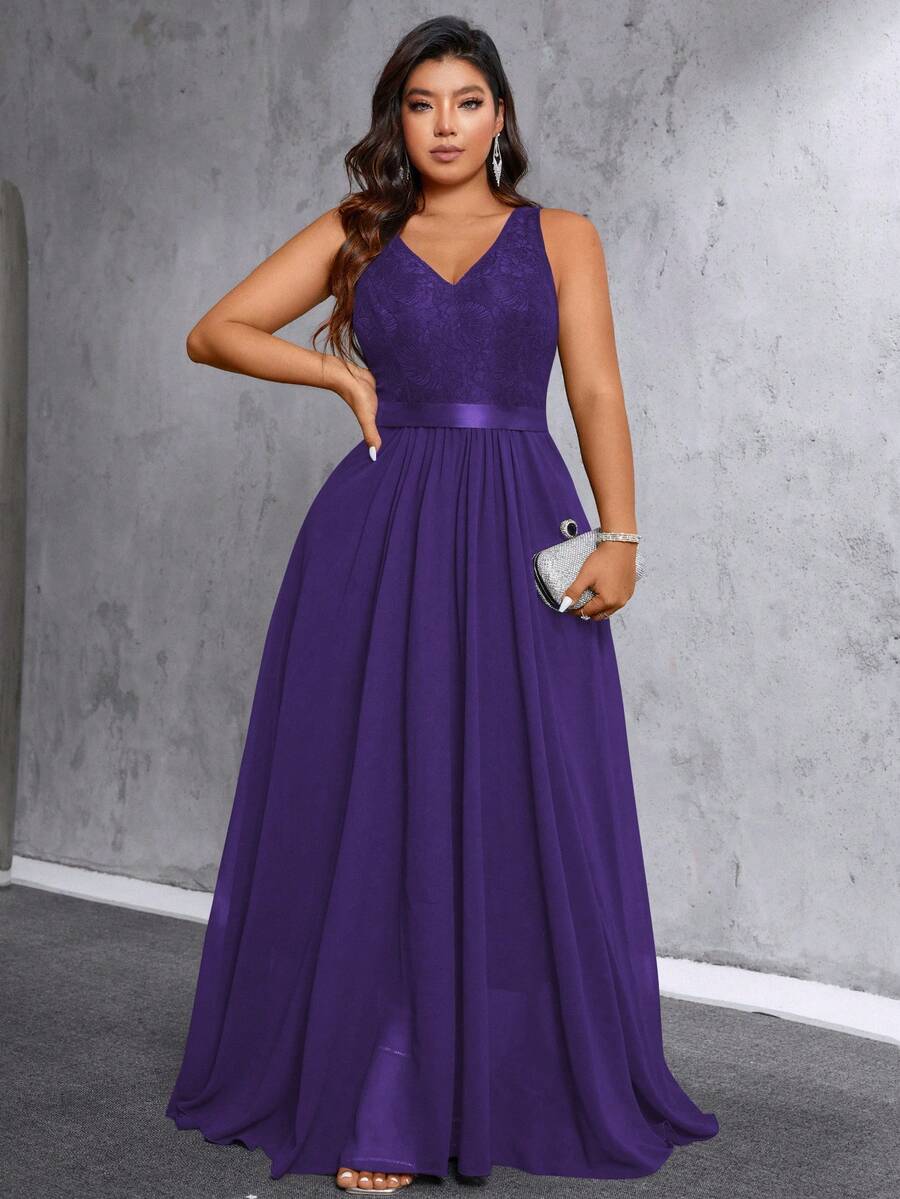 Maweii 大码V领无袖纯色简约腰部褶皱优雅连衣裙，圣诞节女士长款服装紫色正式连衣裙优雅女装 - 紫色 - 查看 1