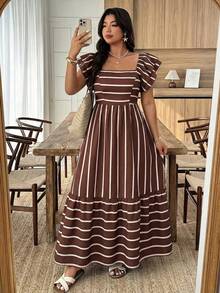 Weeklong Women's Ruffled Sleeve Striped A-Line Vacation Dress, Fashionable Vacation Dress - Multicolor - View 6
