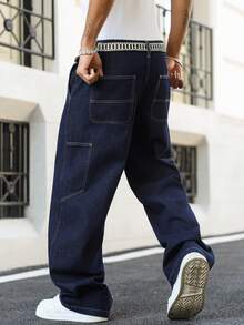 Manfinity Roghcode Men's Casual Street Style Multi-Pocket Flared Leg Blue Jeans - Dark Wash - View 6