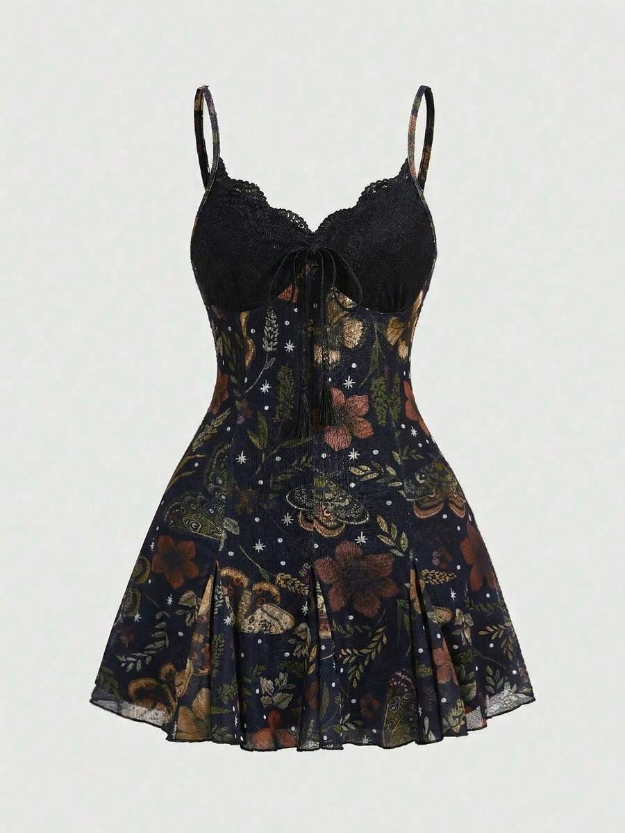 ROMWE Fairycore Đầm ngắn hai dây dáng rộng, họa tiết hoa tối màu, phong cách Bohemian lãng mạn Gothic dành cho nữ. - Nhiều màu - Xem 1