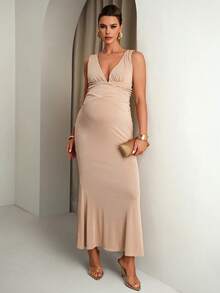 MaterniChic Maternity Dress For Gender Reveal Party, Summer Elegant Peach Solid Color Deep V-Neck Cross-Back Fitted Silhouette High Elastic Comfortable - Apricot - View 4