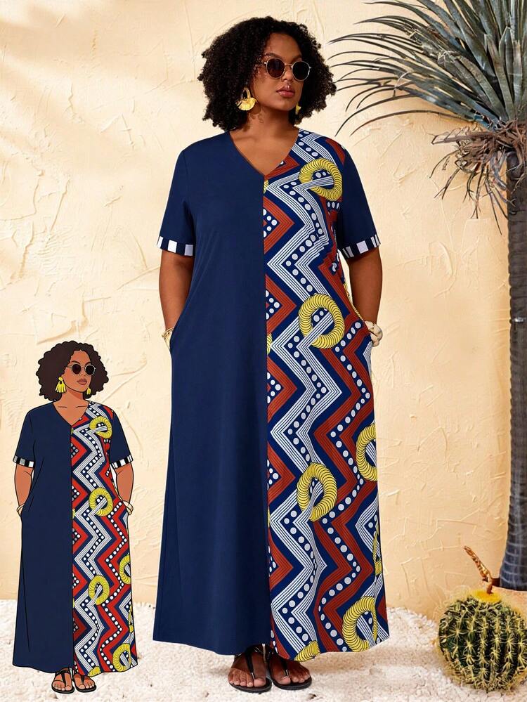 Plus Size Women's Summer Casual Vacation Country Polka Dot & Geometric Color Blocking V-Neck Short Sleeve Pocketed Loose Casual Dress/Summer With Pocket,,Summer Holiday,Spring Break Outfits ,Vacation Outfits Women ,Holiday Outfits For Women,Going Out Outfits,2026 New Clothes,Simple And Fashionable For Everyday Wear,Casual Dresses For Women,Flowy Long Dress ,Suitable For Summer, Vacation, Commute, Daily Wear