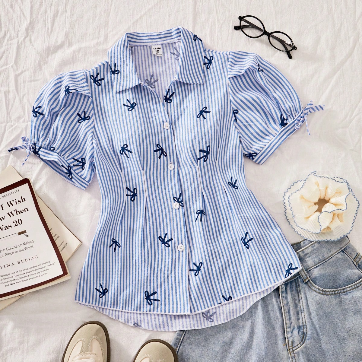 Camisa casual de manga corta con botones, estampado de rayas y lazos, manga farol, cintura fruncida con lazo en forma de A, adecuada para ir a trabaja