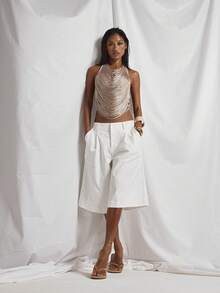 MUSERA High Cowl Neck Draped Fringe Open Back Fitted Top Cute Holiday Sexy Night Out Vacation Spring Summer Elegant Soleil Drape - Gold - View 3