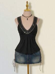 SHEIN ICON 复古休闲亮片吊带深V领女式背心 - 黑色 - 查看 1