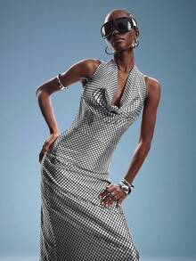Silver Foil Plaid Backless Draped Neck Dress, Sexy Elegant Vintage Party Versatile Long Dress For Women - Silver - View 5