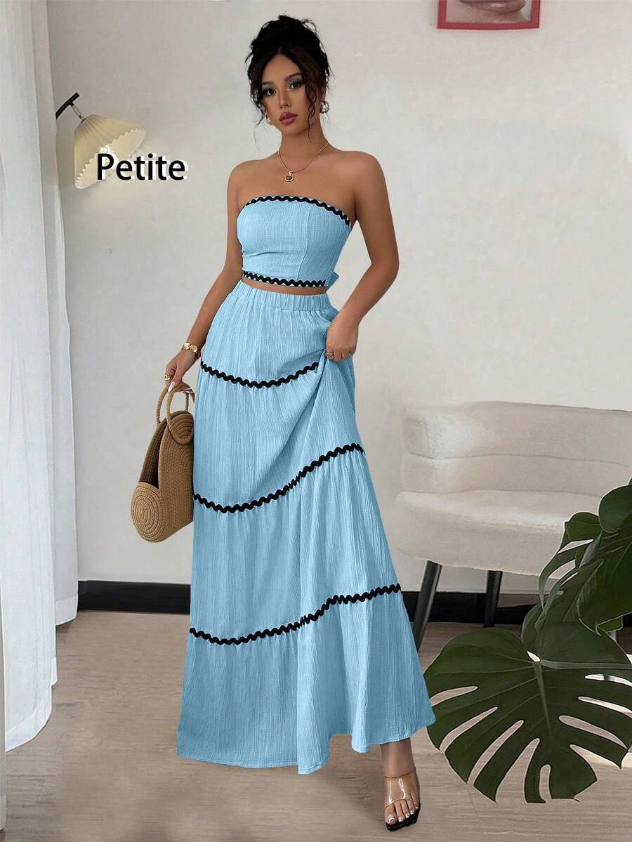 Rafferiza Petite 女款拼接配色抹胸上衣與裙子休閒套裝,適合嬌小女性 - 藍色 - 查看 1