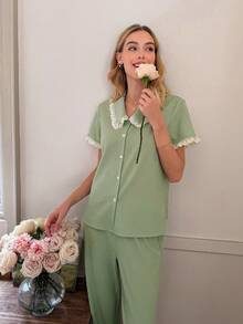 SHEIN Women's Cute & Sweet Embroidered Lace Collar Pocket Applique Pajama Set/Holiday Sleepwear Set - Green - View 1