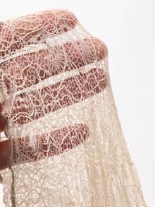 FRIFUL 女士修身蕾丝衬衫，圆领长袖，薄纱质感面料，休闲百搭，适合度假和海滩穿着 - 卡其色 - 查看 7