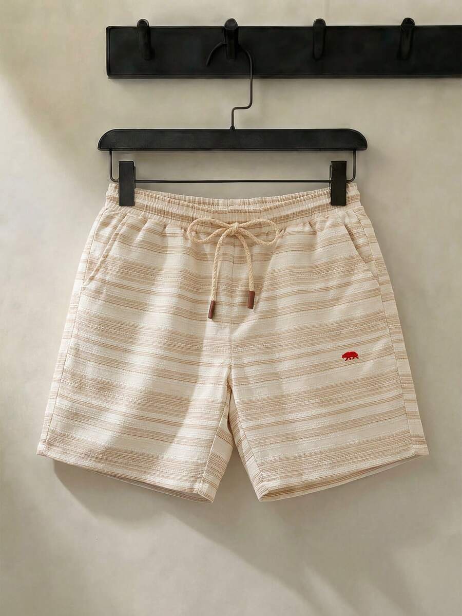 Manfinity BRENVOR Men's Drawstring Waist Cotton Blend Woven Striped Shorts - Khaki - View 1