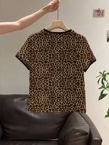 Resyla 女士豹纹圆领休闲百搭日常短袖T恤 - 白色 - 查看 2