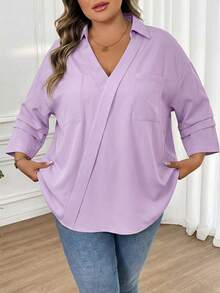 SHEIN CURVE+ Plus Size Casual Solid Color Pocket Shirt, Suitable For Commuting, Autumn - Mauve Purple - View 5