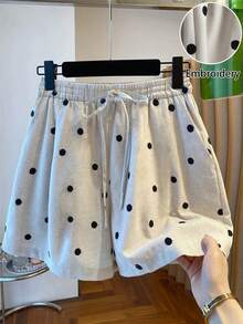 Everyssa 时尚新款夏季度假休闲法式波点短裤，带口袋、松紧腰带和蝴蝶结，女士款 - 米色 - 查看 1