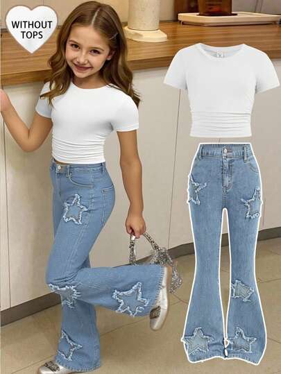 8-12 Yaş Arası Kızlar İçin, Okul, Ev ve Seyahat İçin Uygun, Elastik Bel, Okul, Kampüs, Üniversite, Nakışlı Kot Pantolon, Y2K Tarzı Açık Renk Yüksek Bel Yıldız Yamalı İşlemeli Cepli Şık Geniş Paça Kot Pantolon, Günlük Geniş Paça Pantolon, Sonbahar Kış Okula Dönüş Mezuniyet Kot Pantolon, Sokak Giyim Vintage, Rahat ve Çok Yönlü, 8-12 Yaş Arası İçin, Okul, Ev ve Seyahat İçin Uygun, Elastik Bel, Okul, Kampüs, Üniversite, Nakışlı Kot Pantolon