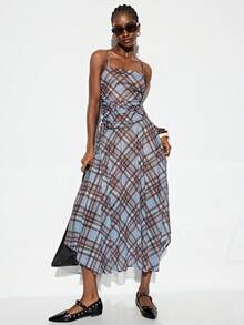 Aveloria GENKIRA Vintage Plaid Patchwork Dress, Waist Pleated Design, Asymmetric Hem, Casual Bohemian Music Festival Dress For Women, Random Print - Multicolor - View 4