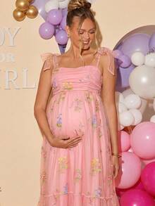 Loomaby Elegant Floral Embroidered Mesh Strap Maternity Dress For Party - Pink - View 7