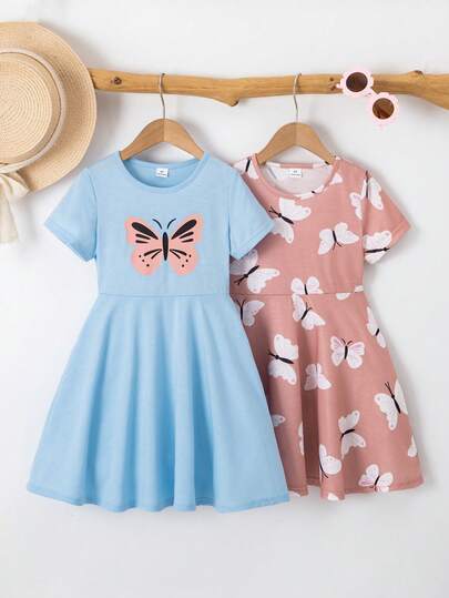 SHEIN 两件套女童休闲蝴蝶印花短袖连衣裙，蓝色和浅粉色组合，夏季日常穿着