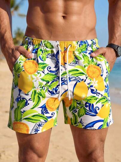 Horizaway Pantalones cortos de playa casuales con estampado de limón para hombres
