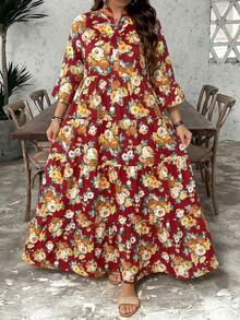 SHEIN LUNE Đầm maxi 4 lớp kiểu búp bê họa tiết hoa phong cách Boho cỡ lớn, thích hợp mặc đi học, dự tiệc tốt nghiệp, dự đám cưới, đi nghỉ mát, đi biển, dự lễ hội, đầm sinh nhật cho nữ. - Đỏ - Xem 4