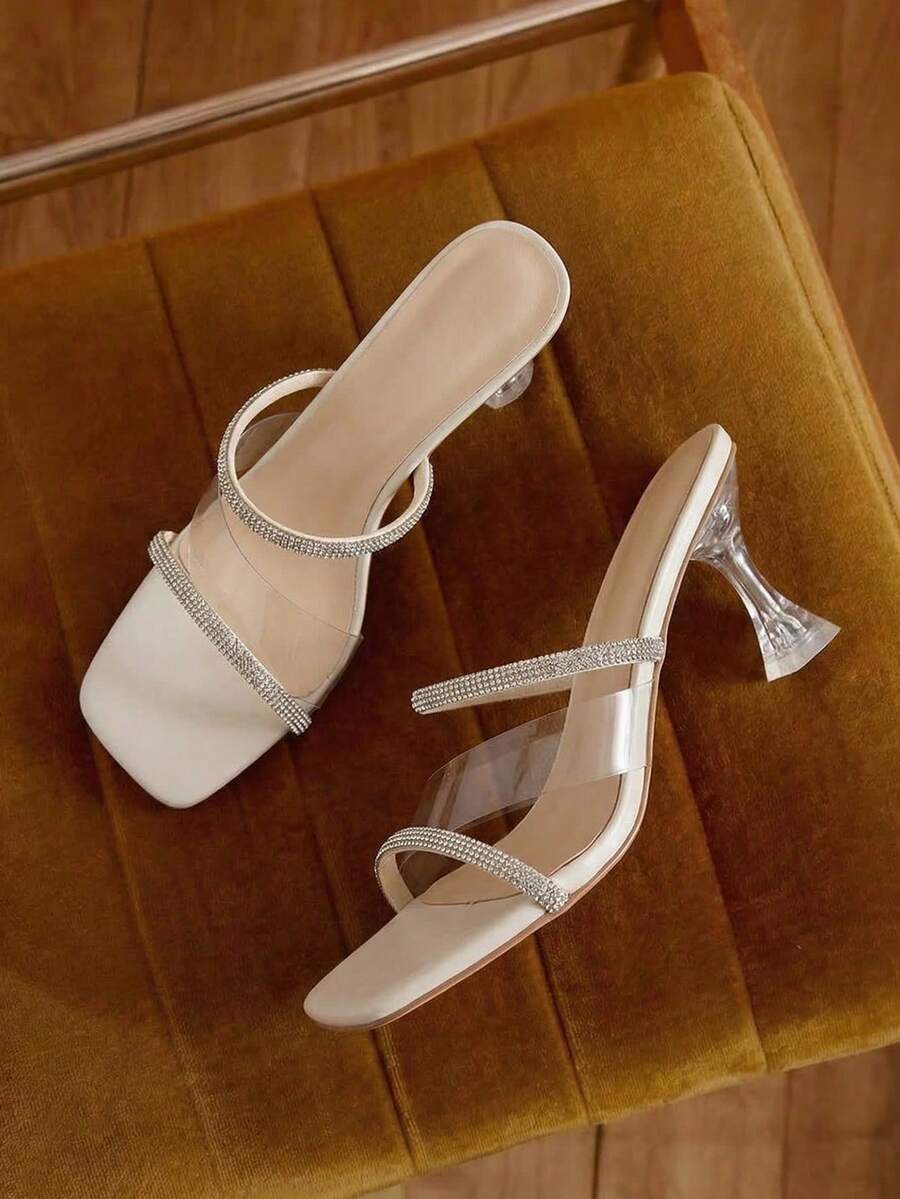 Eladyva Women Rhinestone Decor Clear Strap Pyramid Heeled Mule Sandals , Glamorous Open Toe Ankle Strap Sandals - Krem - View 1