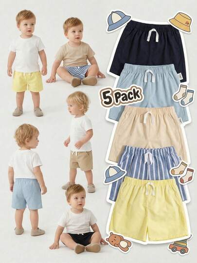 5pcs/Set Toddler Boys' Casual Solid Color Shorts, Features Include Drawstring Front, Fake Pockets, And Elastic Waist, Suitable For Daily Wear