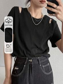FRIFUL Women's Summer Spring Solid Color Slim Fit Flattering Versatile Short Sleeve T-Shirt - Black - View 3