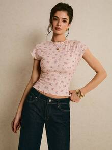 Poéselle 女士全印花休闲百搭日常穿着短袖T恤 - 粉色 - 查看 4