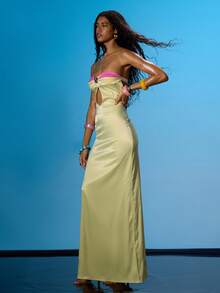 MUSERA 撞色花朵细节胸前镂空修身抹胸长裙，夏季性感外出海滩度假伊比沙岛俱乐部热带风情 - 淡黃色 - 查看 3